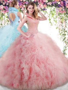 Glamorous Backless Tulle Sleeveless Floor Length Quinceanera Dresses and Beading and Ruffles