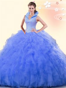 Fashion Blue Ball Gowns High-neck Sleeveless Tulle Floor Length Backless Beading and Ruffles Quinceanera Dresses