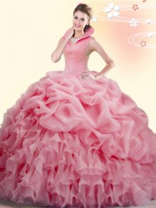 Watermelon Red Ball Gowns High-neck Sleeveless Organza Brush Train Backless Beading and Ruffles and Pick Ups 15th Birthd