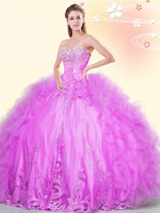 Excellent Lilac Tulle Lace Up Vestidos de Quinceanera Sleeveless Asymmetrical Beading and Appliques and Ruffles