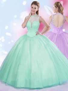 Top Selling High-neck Sleeveless Lace Up Quinceanera Dresses Apple Green Tulle