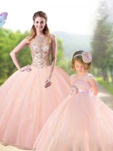 Super Peach Quinceanera Gown Military Ball and Sweet 16 and Quinceanera and For with Beading Scoop Sleeveless Lace Up