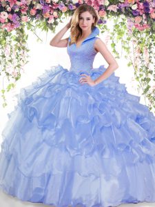 Backless Floor Length Blue Sweet 16 Quinceanera Dress Organza Sleeveless Beading and Ruffled Layers