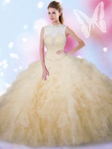 Champagne Ball Gowns Tulle High-neck Sleeveless Beading and Ruffles Floor Length Lace Up Quince Ball Gowns