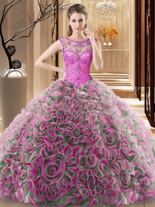 Modern Scoop Sleeveless Fabric With Rolling Flowers Ball Gown Prom Dress Beading Sweep Train Lace Up