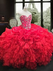 Ball Gowns Sweet 16 Dress Red Sweetheart Organza Sleeveless Floor Length Lace Up