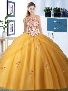 Classical Halter Top Gold Tulle Lace Up Quinceanera Gowns Sleeveless Floor Length Embroidery and Pick Ups