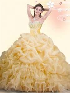 Admirable Gold Lace Up Sweetheart Beading and Ruffles and Pick Ups Quinceanera Gowns Organza Sleeveless Brush Train