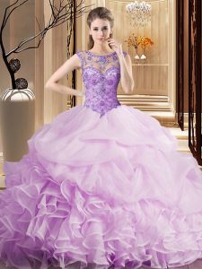 Scoop Sleeveless Brush Train Lace Up Beading and Ruffles and Pick Ups 15 Quinceanera Dress