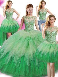 Trendy Four Piece Green Lace Up Scoop Beading and Ruffles 15th Birthday Dress Tulle Sleeveless