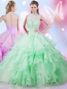Apple Green Ball Gowns Beading and Ruffles Quinceanera Dresses Lace Up Tulle Sleeveless Floor Length