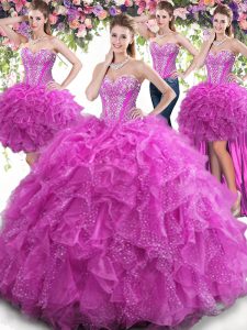 Four Piece Fuchsia Tulle Lace Up 15 Quinceanera Dress Sleeveless Floor Length Beading and Ruffles