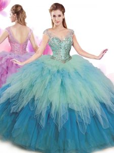 Chic Multi-color Ball Gowns V-neck Cap Sleeves Tulle Floor Length Lace Up Beading and Ruffles Quinceanera Dresses