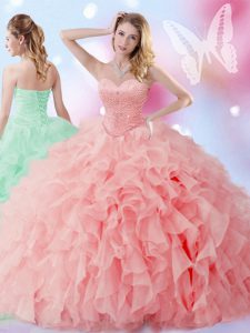 Watermelon Red Sweetheart Lace Up Beading and Ruffles Sweet 16 Quinceanera Dress Sleeveless