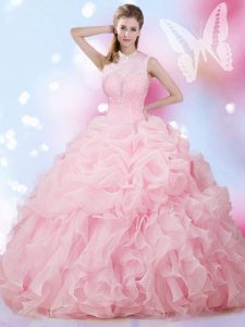 Spectacular Baby Pink High-neck Neckline Beading and Ruffles and Pick Ups Quinceanera Gowns Sleeveless Lace Up