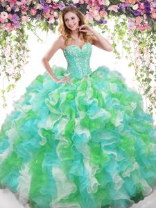 Captivating Multi-color Ball Gowns Organza Sweetheart Sleeveless Beading and Ruffles Floor Length Lace Up Sweet 16 Dress