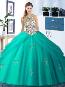 Deluxe Halter Top Sleeveless Quinceanera Gown Floor Length Embroidery and Pick Ups Turquoise Tulle