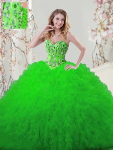 Modest Sleeveless Floor Length Embroidery and Ruffles Lace Up Sweet 16 Quinceanera Dress with