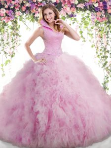 Backless Tulle Sleeveless Floor Length Quinceanera Gowns and Beading and Ruffles
