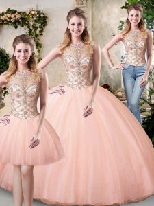 Scoop Floor Length Lace Up Quinceanera Dress Peach for Military Ball and Sweet 16 and Quinceanera with Beading