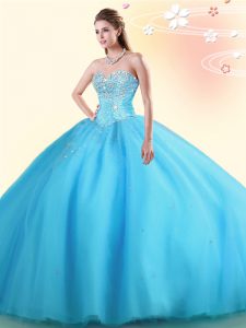 Baby Blue Sleeveless Floor Length Beading Lace Up Sweet 16 Quinceanera Dress