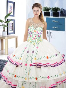 Organza and Taffeta Scoop Sleeveless Lace Up Beading and Embroidery and Ruffled Layers Quinceanera Gowns in White