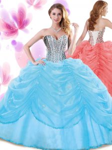Cute Baby Blue Ball Gowns Organza Sweetheart Sleeveless Beading and Pick Ups Floor Length Lace Up Quinceanera Gowns
