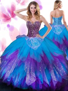 New Style Multi-color Ball Gowns Sweetheart Sleeveless Tulle Floor Length Lace Up Beading and Ruffled Layers Vestidos de