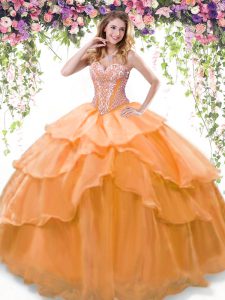 Discount Orange Ball Gowns Beading and Ruffled Layers Sweet 16 Dress Lace Up Organza Sleeveless Floor Length