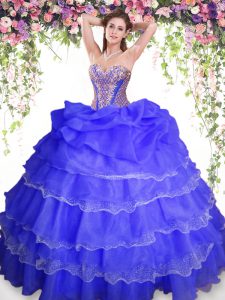 Romantic Blue Ball Gowns Beading and Ruffled Layers and Pick Ups Quinceanera Dresses Lace Up Organza Sleeveless Floor Le
