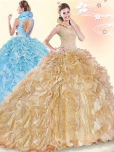 Free and Easy Sleeveless Brush Train Backless Beading and Ruffles Quince Ball Gowns