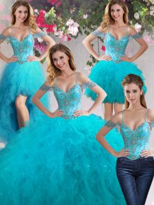 Four Piece Teal Off The Shoulder Lace Up Beading and Ruffles 15 Quinceanera Dress Sleeveless