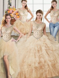 High End Four Piece Champagne Ball Gowns Tulle Scoop Sleeveless Beading and Ruffles Floor Length Lace Up Quinceanera Gow