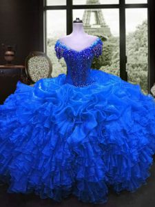 Royal Blue Lace Up Sweet 16 Dress Beading and Ruffles Cap Sleeves Floor Length