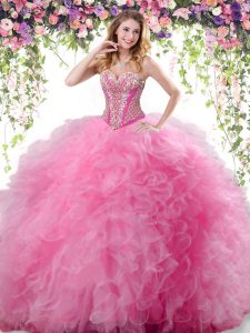 Tulle Sweetheart Sleeveless Lace Up Beading and Ruffles Quinceanera Gown in Rose Pink
