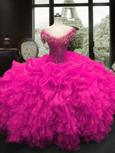 Fantastic Sweetheart Cap Sleeves Organza 15th Birthday Dress Beading and Ruffles Lace Up