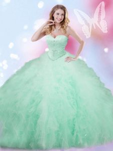 Latest Apple Green Ball Gowns Tulle Sweetheart Sleeveless Beading and Ruffles Floor Length Lace Up Vestidos de Quinceane