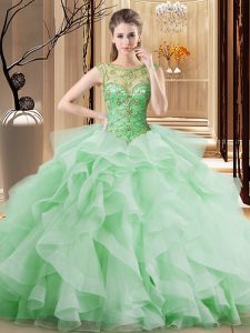Scoop Apple Green Tulle Lace Up Sweet 16 Quinceanera Dress Sleeveless Brush Train Beading and Ruffles