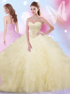 Sleeveless Floor Length Beading and Ruffles Lace Up Vestidos de Quinceanera with Light Yellow