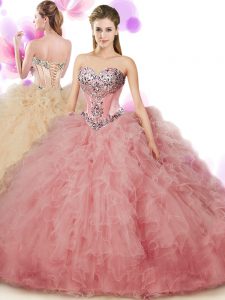Amazing Peach Ball Gowns Beading and Ruffles Vestidos de Quinceanera Lace Up Tulle Sleeveless Floor Length