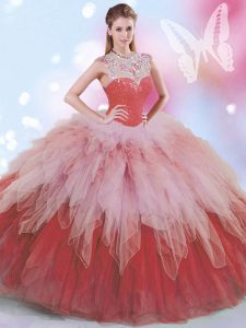 Pretty Multi-color Tulle Zipper Quinceanera Dress Sleeveless Floor Length Beading and Ruffles