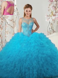Scoop Sleeveless Tulle Floor Length Lace Up Sweet 16 Quinceanera Dress in Baby Blue with Beading and Ruffles