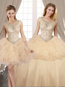 Three Piece Champagne Lace Up Scoop Beading and Ruffles Ball Gown Prom Dress Organza and Tulle Sleeveless
