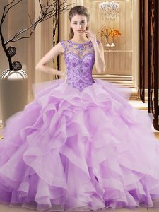 Lilac Scoop Lace Up Beading and Ruffles Quince Ball Gowns Brush Train Sleeveless