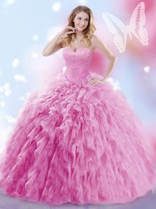 Rose Pink Ball Gowns Sweetheart Sleeveless Tulle Brush Train Lace Up Beading and Ruffles Ball Gown Prom Dress