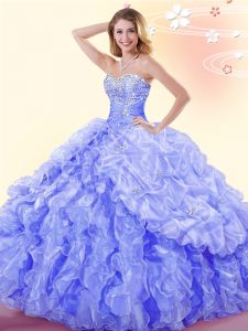 Sweetheart Sleeveless Quince Ball Gowns Floor Length Beading and Ruffles and Pick Ups Blue Organza