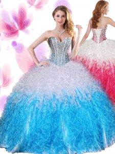 Blue And White Ball Gowns Sweetheart Sleeveless Organza Floor Length Lace Up Beading and Ruffles Quinceanera Dress