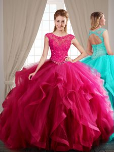 Designer Scoop Cap Sleeves With Train Beading and Appliques and Ruffles Lace Up Quinceanera Dress with Hot Pink Brush Tr