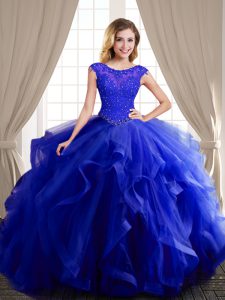 Noble Royal Blue Ball Gowns Tulle Scoop Cap Sleeves Beading and Appliques and Ruffles With Train Lace Up Vestidos de Qui
