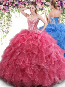 Coral Red Ball Gowns Organza Sweetheart Sleeveless Beading and Ruffles Floor Length Lace Up Quince Ball Gowns